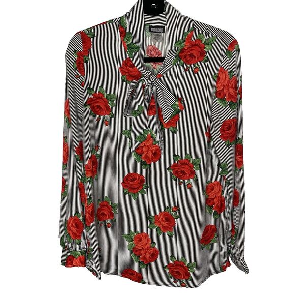 Retrolicious Blouse Womens M Rose Print Black White Stripe Tie Neck Secretary - Picture 1 of 8
